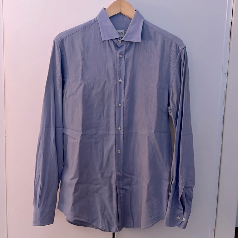 Mens dress shirt 👔. Armani - Large with 16 inch neck.  Blue with white pattern.